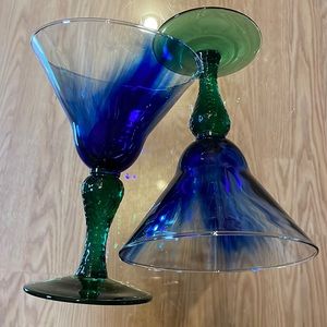 Libbey martini glasses - set of 2 - cobalt blue swirl with emerald green stem